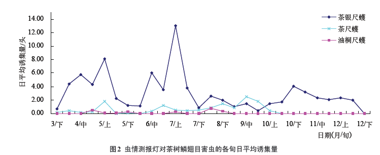 蟲情測報燈對茶樹鱗翅目害蟲的各旬日平均誘集量